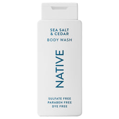 Native Body Wash sea salt cedar bottle highlighting hydrating, plant-based cleanse.