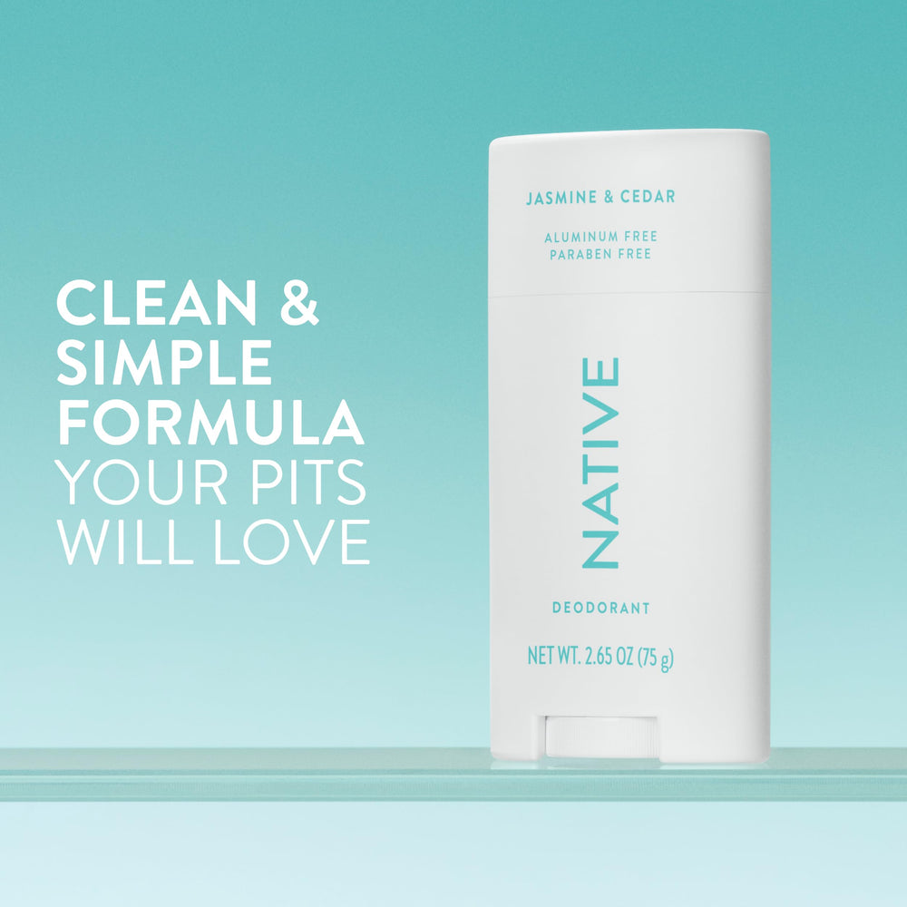 Native Jasmine & Cedar deodorant being applied for smooth daily protection.