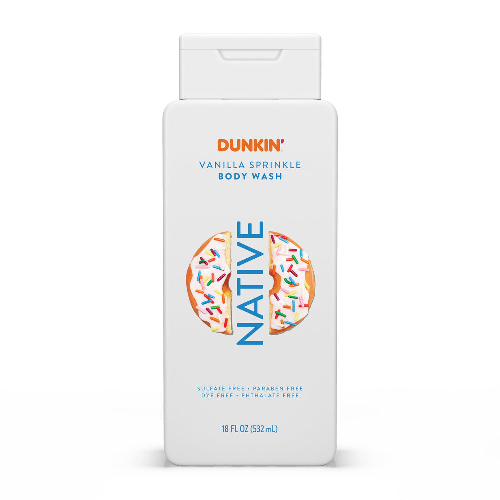 Native Dunkin Vanilla Sprinkle bottle front showing inviting fragrance for a refreshing shower