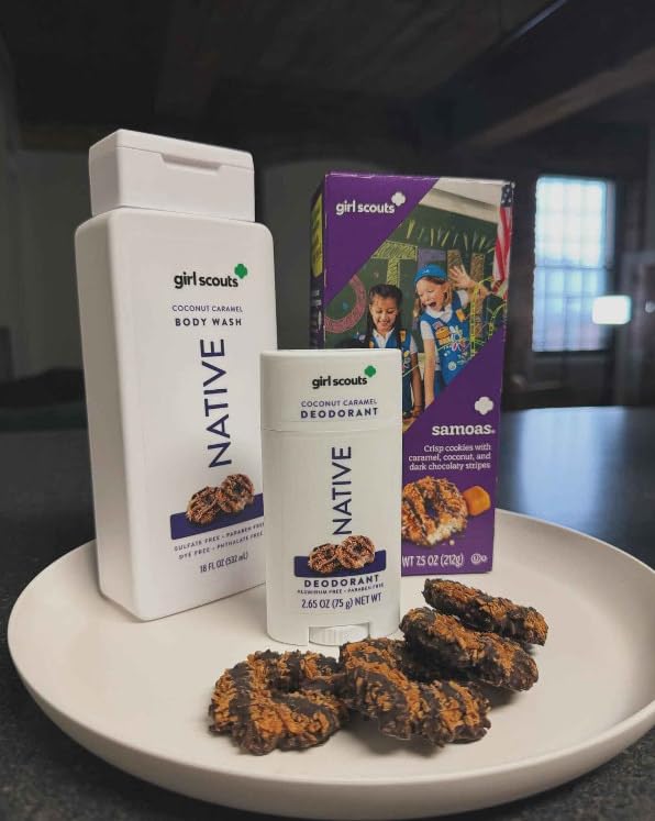 Native Girl Scout Coconut Caramel Deodorant ingredients label highlights aluminum-free formula and safe ingredients.