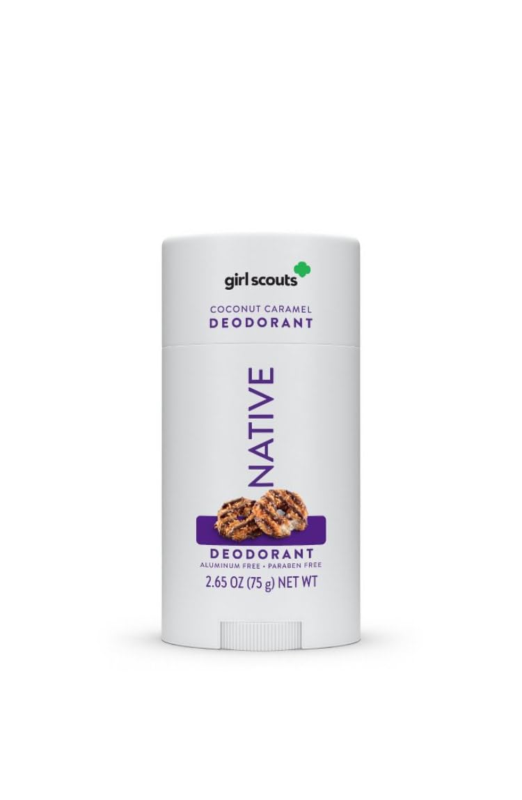 Native Girl Scout Coconut Caramel Deodorant packaging shows limited edition design and aluminum-free odor protection.