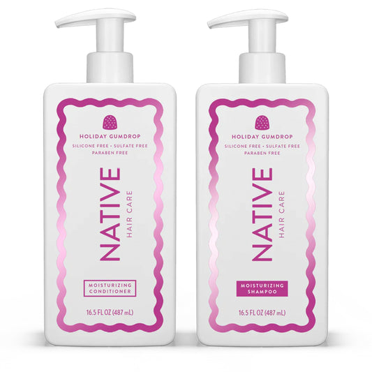 Native Holiday Gumdrop shampoo bottle pour highlights easy grip for quick cleansing.