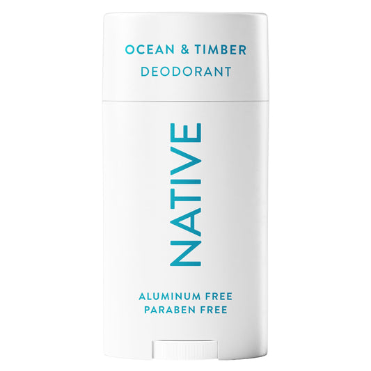 Native Ocean & Timber deodorant stick closeup; smooth texture for effortless daily use.