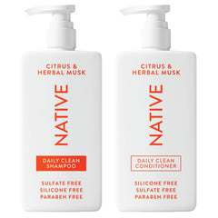 Native shampoo bottle front showcasing natural ingredients and citrus-herbal musk fragrance.