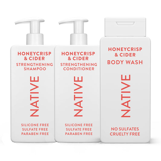 Native shampoo, conditioner, and body wash trio displayed for refreshed hair and skin