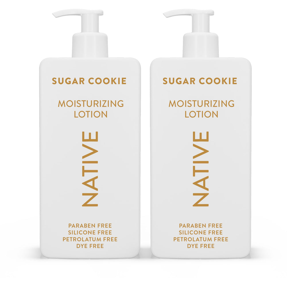 Native Sugar Cookie body lotion bottle delivers deep hydration for soft, smooth skin.