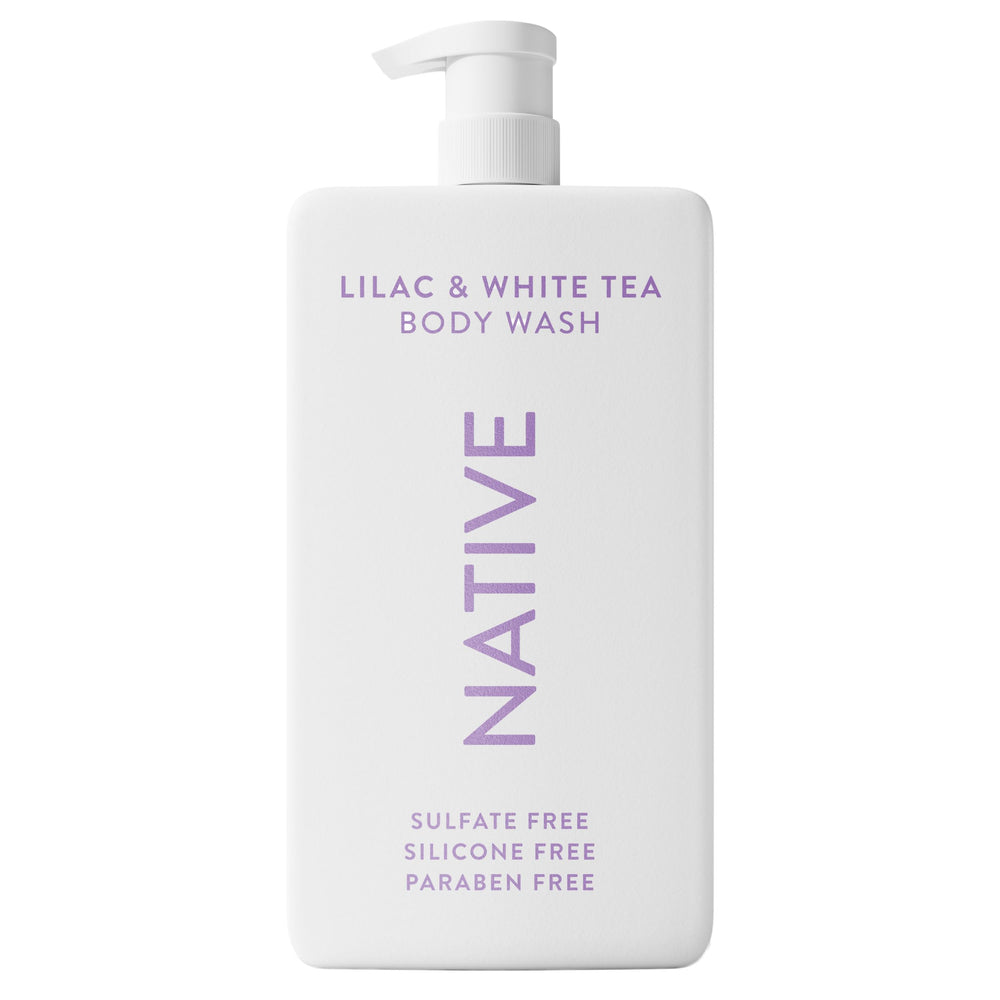 Native sulfate-free body wash lilac-white-tea bottle; luxurious lather for daily cleansing