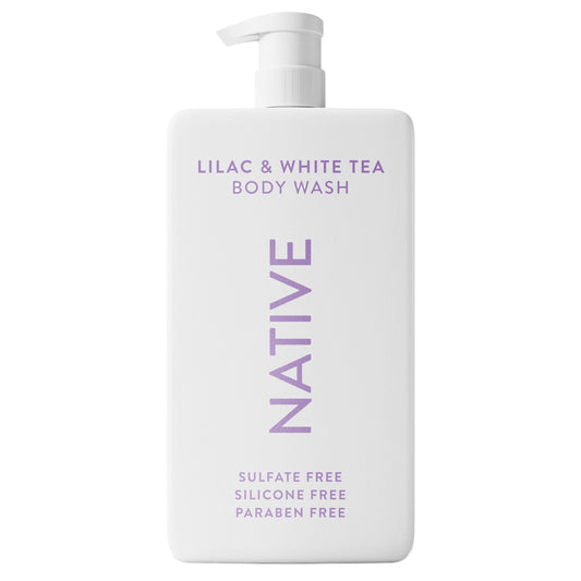 Native sulfate-free body wash lilac-white-tea bottle; luxurious lather for daily cleansing