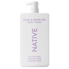 Native sulfate-free body wash lilac-white-tea bottle; luxurious lather for daily cleansing