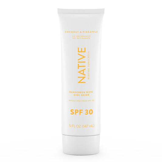 Native Sunscreen SPF 30 with pineapple-coconut scent for daily beach protection.