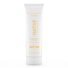 Native Sunscreen SPF 30 with pineapple-coconut scent for daily beach protection.