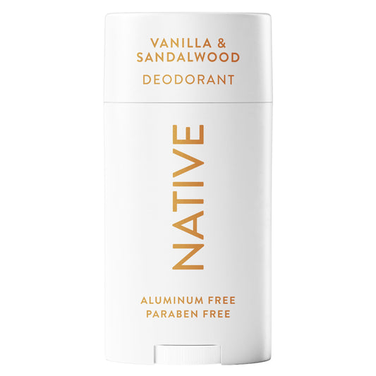 Native Vanilla & Sandalwood deodorant stick ready for daily protection and smooth application.