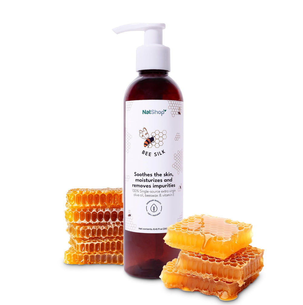 NatShop Bee Silk Body Lotion bottle highlighting olive oil for daily hydration and skin softness.
