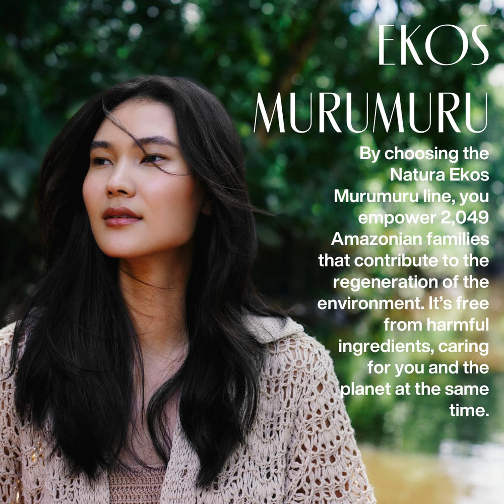 Natura Ekos Murumuru Restoring Shampoo packaging emphasizes eco-friendly refill packaging.