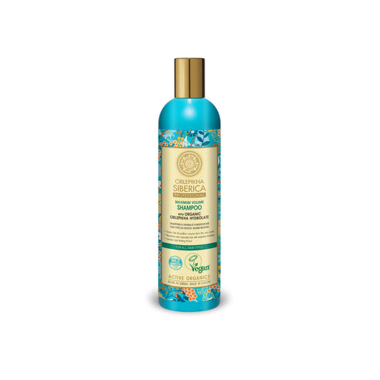 Natura Siberica Oblepikha Shampoo bottle front showing organic formula for voluminous roots.