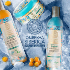 Natura Siberica Oblepikha Shampoo lather close-up conveying gentle cleansing and root lift.