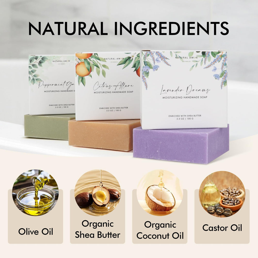 Natural Amor Peppermint soap bar showing cool, refreshing lather for invigorating shower experiences