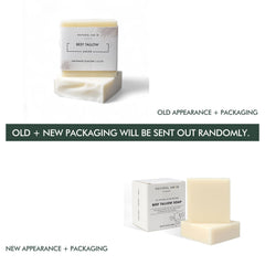 Natural Amor Los Angeles unscented tallow soap bar 2-pack ingredients display with nourishing oils.