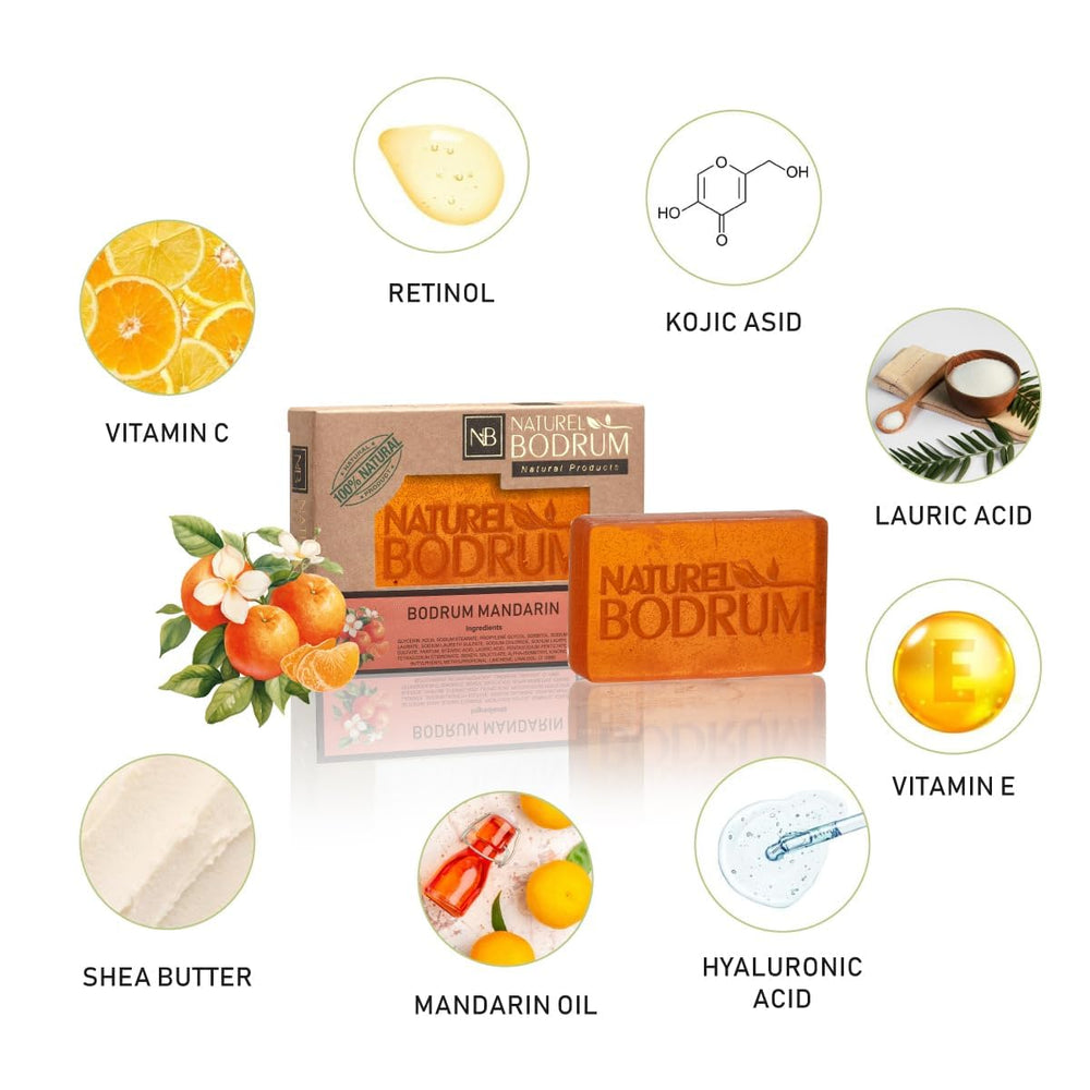 Natural Bodrum mandarin orange soap bar in shower lather.
