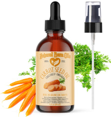 Natural Born Oils Carrot Seed Oil bottle in amber glass for radiant skin care.