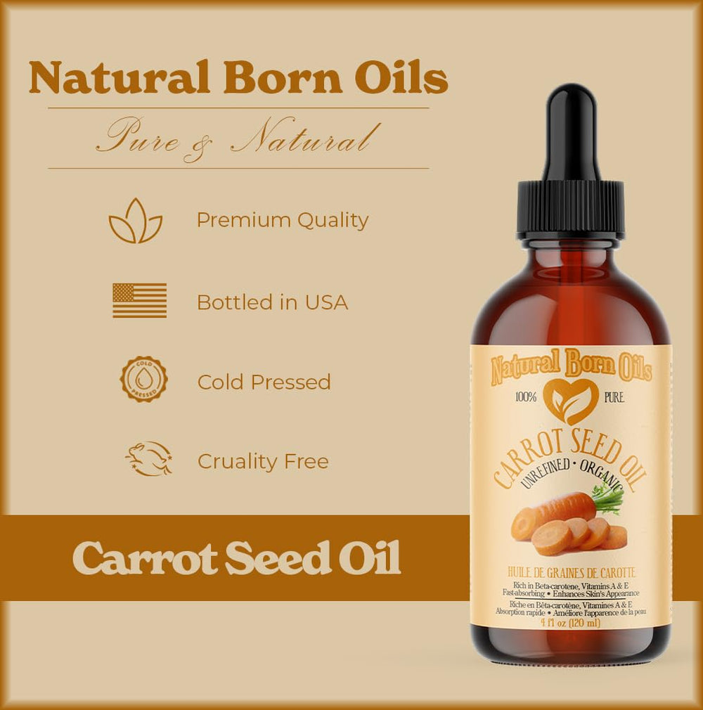 Natural Born Oils Carrot Seed Oil ingredients close-up highlighting beta carotene and vitamins.