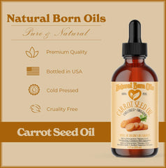 Natural Born Oils Carrot Seed Oil ingredients close-up highlighting beta carotene and vitamins.