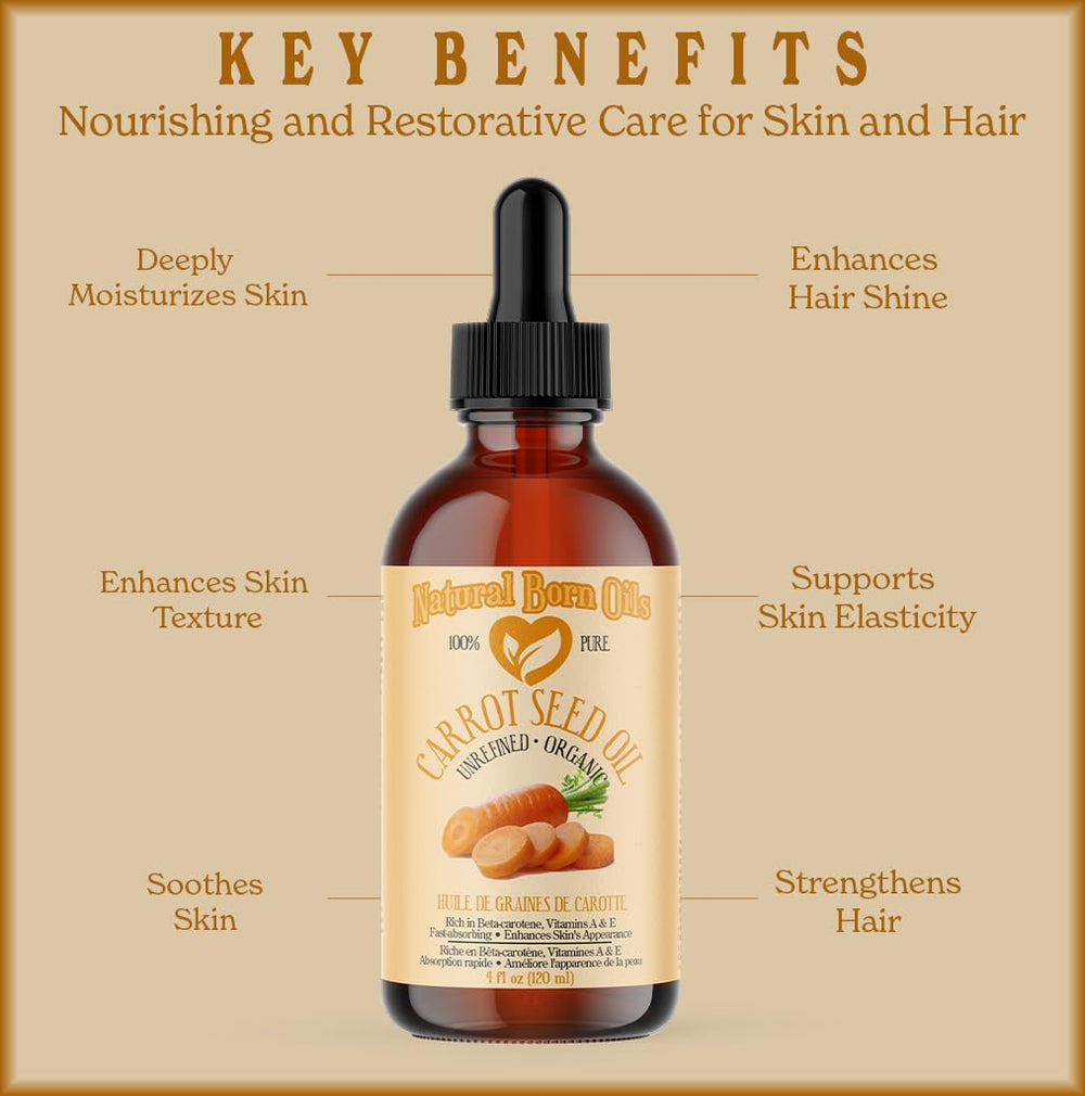 Natural Born Oils Carrot Seed Oil improves skin tone and texture.
