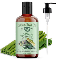 Natural Born Oils Moringa Oil bottle on display for skin hydration.
