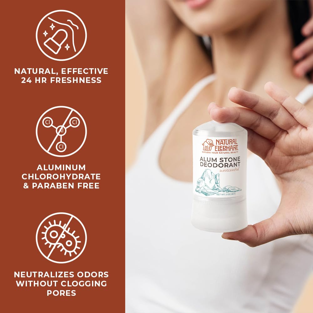 Natural Elephant alum stone deodorant being applied to damp skin for fresh protection.