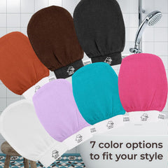 Natural Elephant Exfoliating Hammam Glove in shower ready for daily skincare routine