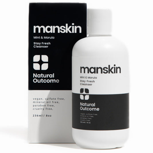 Natural Outcome men's face wash bottle with mint and marula oil for a refreshing cleanse.