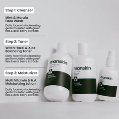 Natural Outcome packaging box display highlighting the 3-step kit for men.