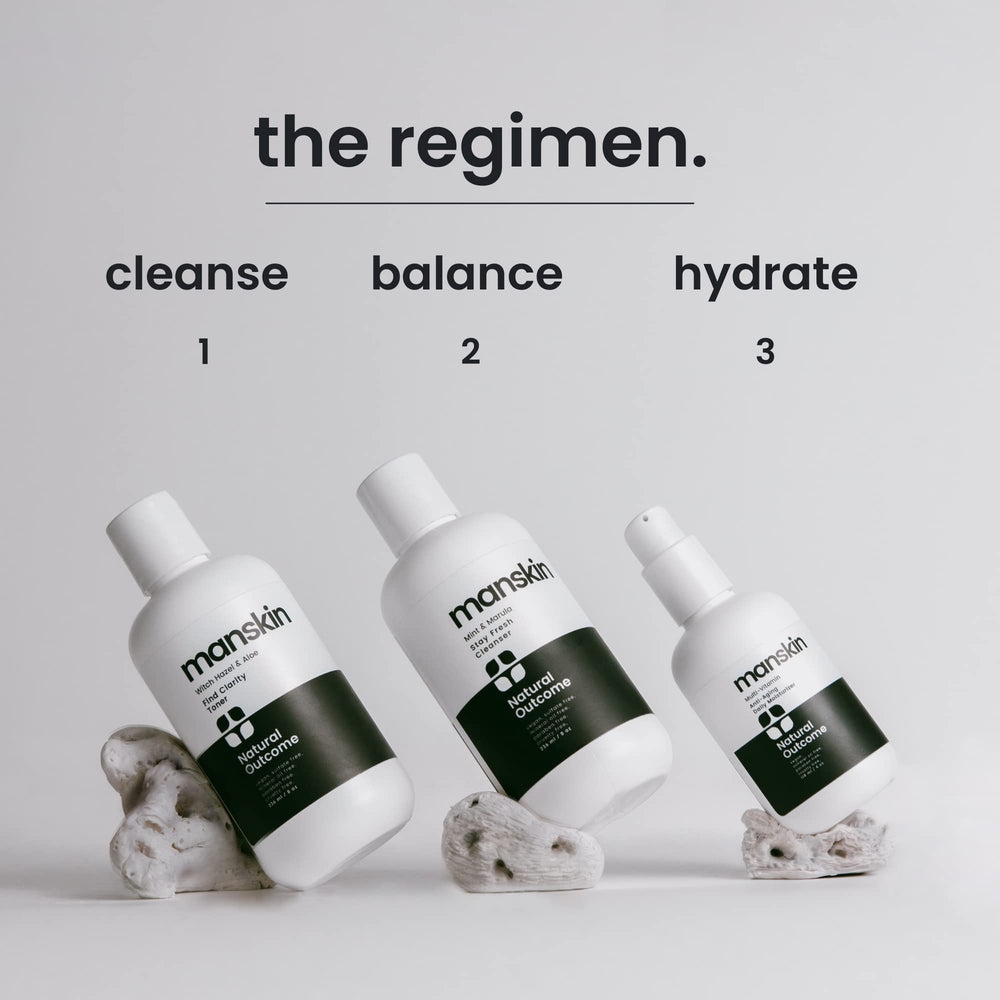 Natural Outcome men's toner bottle highlighting purifying witch hazel for balanced skin.