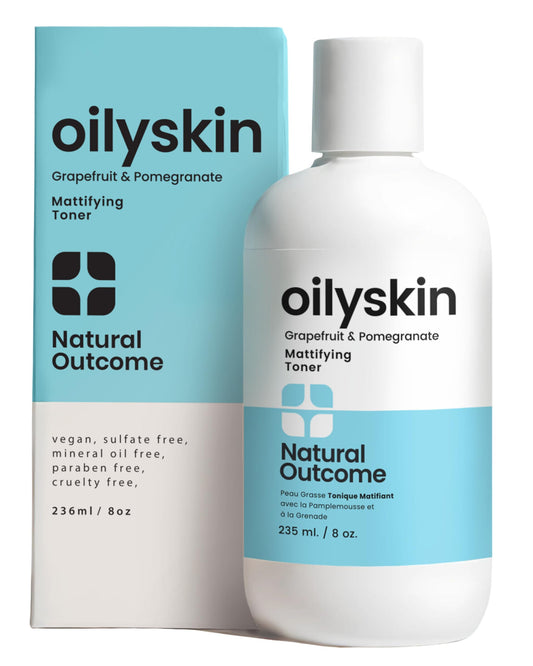 Natural Outcome Oily Skin Toner bottle demonstrates oil control for a matte finish.