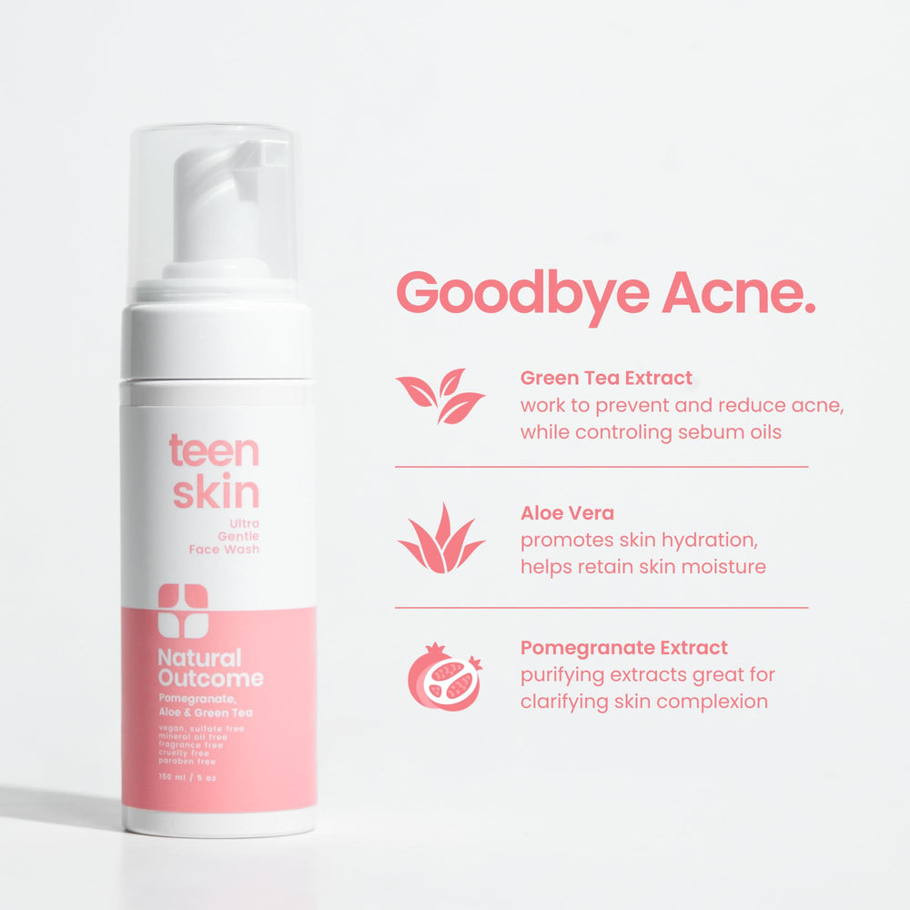 Natural Outcome Teen Skin Face Wash pump dispenser in a clean bathroom.