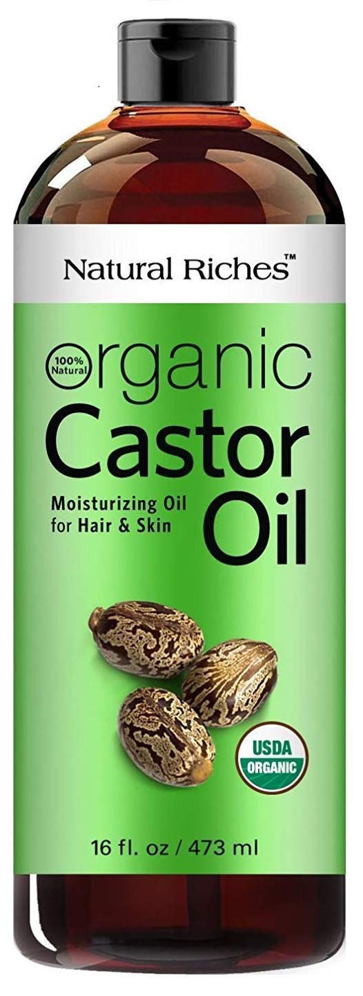 Natural Riches castor oil bottle in amber plastic for skin and hair care
