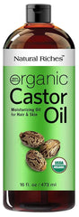 Natural Riches castor oil bottle in amber plastic for skin and hair care