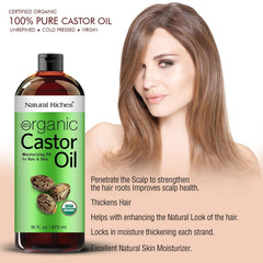 Drop-on-hand view of Natural Riches castor oil for easy dispensing