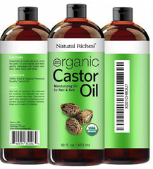 Front label of Natural Riches castor oil showing USDA Organic certification