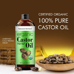 Shelf display showing 16 oz size of Natural Riches castor oil