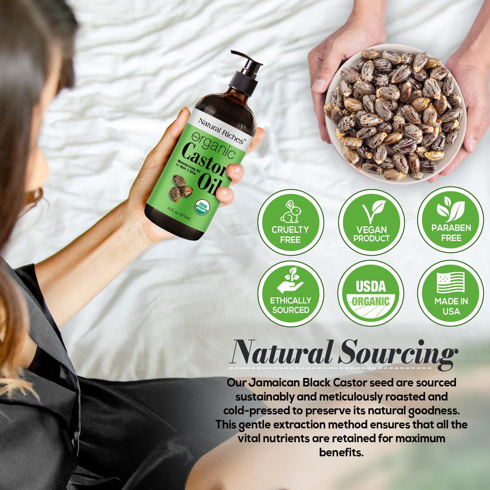 Natural Riches Organic Castor Oil label showcasing USDA Organic certification