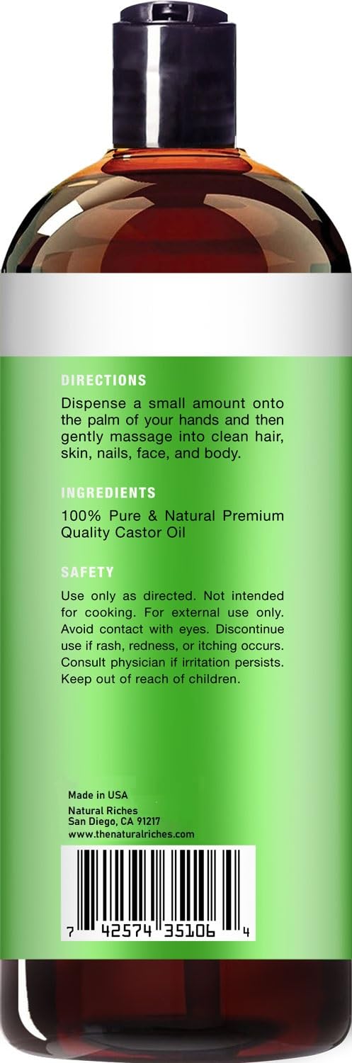 Natural Riches castor oil on a wooden surface suggests natural everyday care