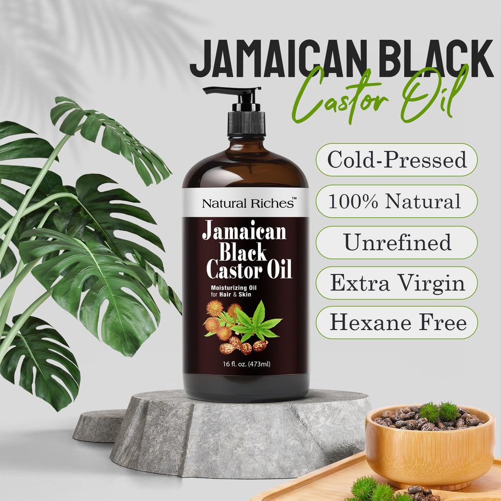 Natural Riches Jamaican Black Castor Oil bottle highlights eyelash and eyebrow revitalization.