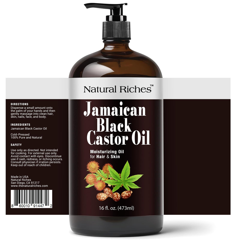 Natural Riches Jamaican Black Castor Oil bottle with pour spout supports easy hair care routines.
