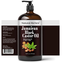 Natural Riches Jamaican Black Castor Oil bottle with pour spout supports easy hair care routines.