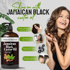 Natural Riches Jamaican Black Castor Oil bottle demonstrates skin moisturizing benefits.