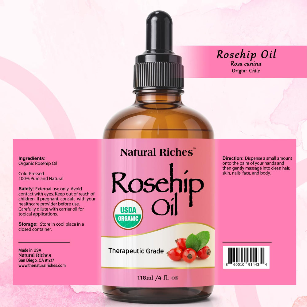 Natural Riches Rosehip Seed Oil pour captures smooth texture ideal for massage and quick hydration.