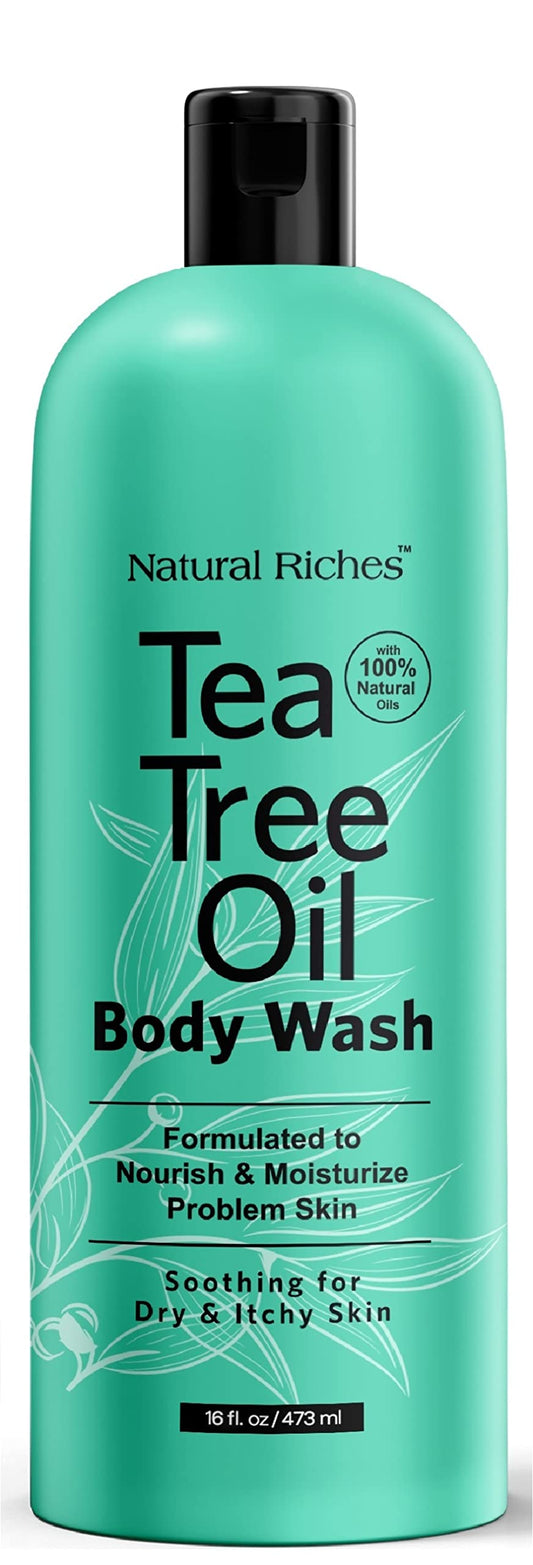 Natural Riches Tea Tree Body Wash bottle on a bathroom shelf for daily cleansing