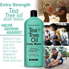 Label of Natural Riches Tea Tree Body Wash showing 16 oz and USA-made claim