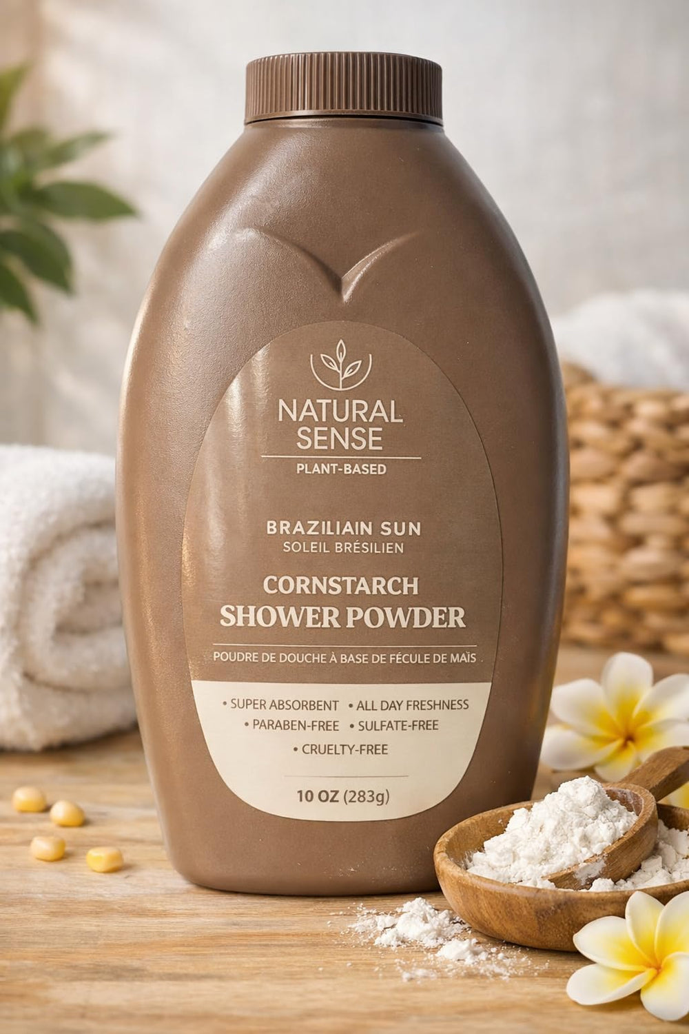 Natural Sense Brazilian Sun shower powder packshot showing the product packaging and branding for all-day freshness